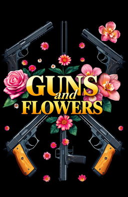 An artistic composition featuring the title 'Guns and Flowers' in bold, elegant typography