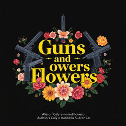 An artistic design featuring the title 'Guns and Flowers' prominently displayed in bold, stylish typography