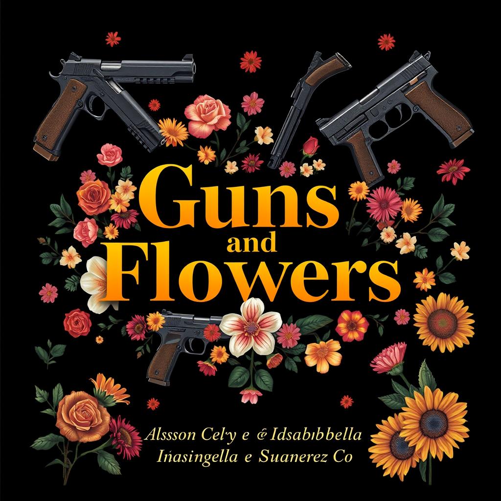 An artistic design featuring the title 'Guns and Flowers' prominently displayed in bold, stylish typography