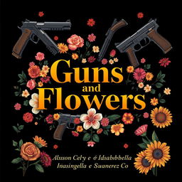 An artistic design featuring the title 'Guns and Flowers' prominently displayed in bold, stylish typography