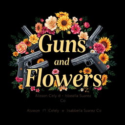 An artistic design featuring the title 'Guns and Flowers' prominently displayed in bold, stylish typography