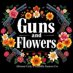 An artistic design featuring the title 'Guns and Flowers' prominently displayed in bold, stylish typography