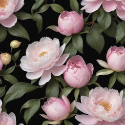 Refine the floral wallpaper design: Add an abundance of enlarged peonies and magnolias, eliminate green leaves entirely, resulting in a stunning bouquet of flowers, each blooming audaciously against a dramatic black background