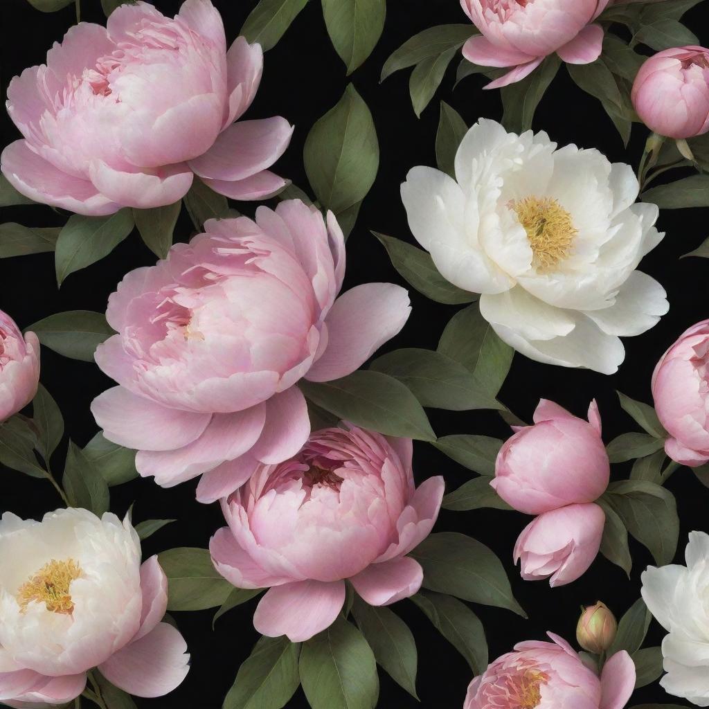 Refine the floral wallpaper design: Add an abundance of enlarged peonies and magnolias, eliminate green leaves entirely, resulting in a stunning bouquet of flowers, each blooming audaciously against a dramatic black background