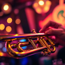A close-up of a shiny brass trumpet, situated against a blurred background of a jazz club