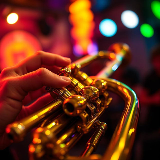 A close-up of a shiny brass trumpet, situated against a blurred background of a jazz club