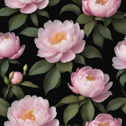 Refine the floral wallpaper design: Add an abundance of enlarged peonies and magnolias, eliminate green leaves entirely, resulting in a stunning bouquet of flowers, each blooming audaciously against a dramatic black background