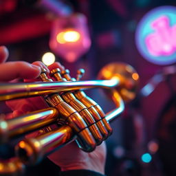 A close-up of a shiny brass trumpet, situated against a blurred background of a jazz club