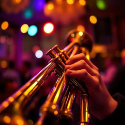 A close-up of a shiny brass trumpet, situated against a blurred background of a jazz club