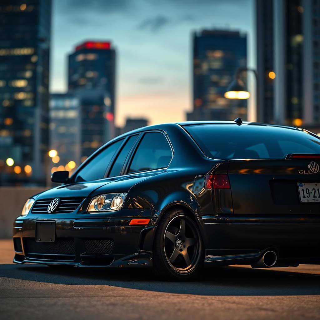 A sleek, black 2000 Volkswagen Jetta GLI prominently displayed in an urban setting