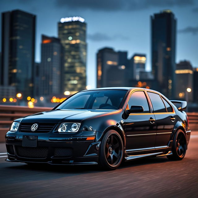 A sleek, black 2000 Volkswagen Jetta GLI prominently displayed in an urban setting