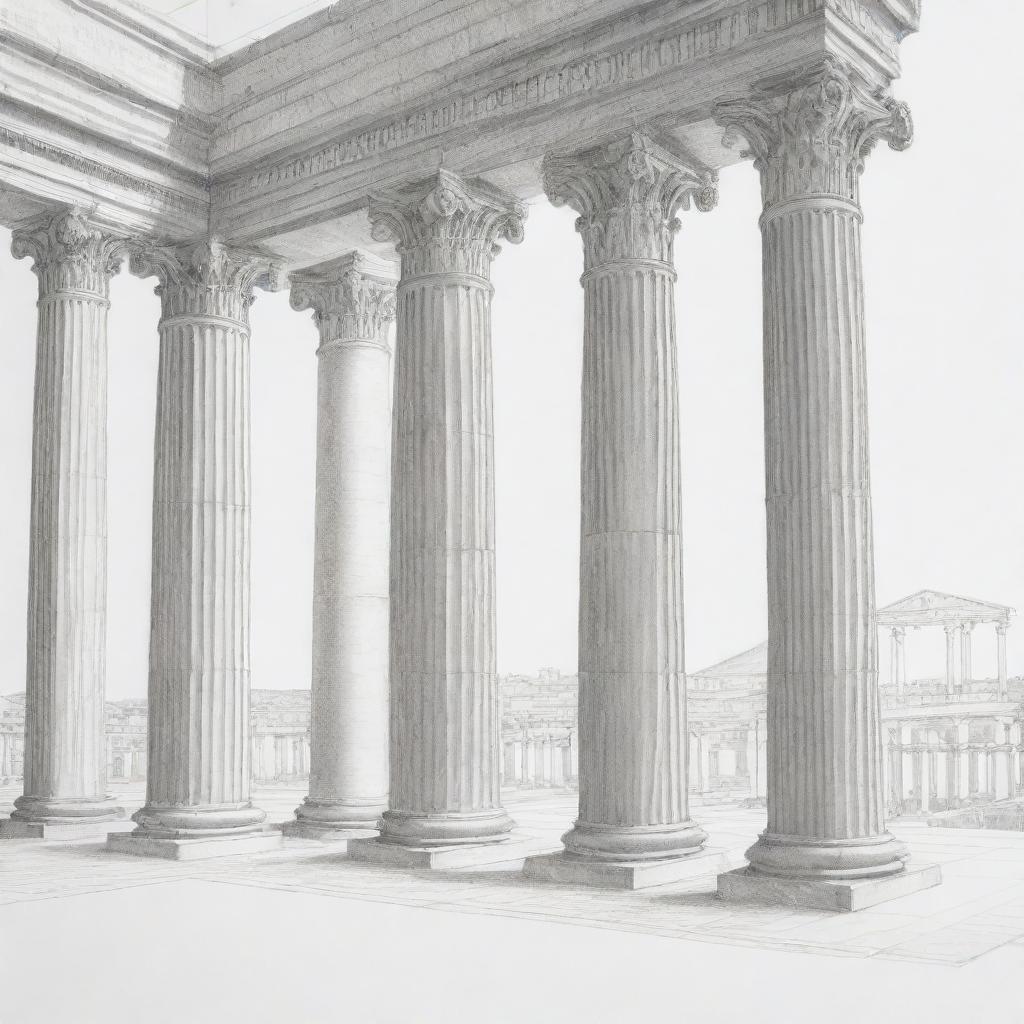 Technical line drawing in perspective of Roman columns.