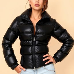A fashionable young woman confidently posing in a tight, shiny black puffer jacket that accentuates her curves