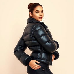 A fashionable young woman confidently posing in a tight, shiny black puffer jacket that accentuates her curves