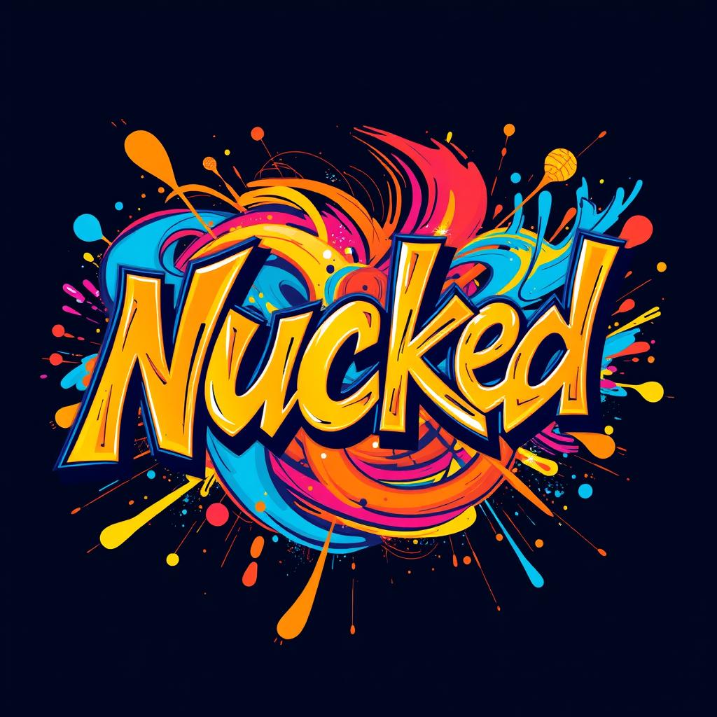 An abstract representation of the word 'Nucked' illustrated through vibrant colors and dynamic shapes, evoking a sense of energy and movement