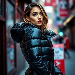 A fashionable woman wearing a tight, shiny black puffer jacket that emphasizes her curves