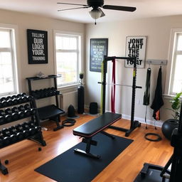A cozy home gym setup featuring various strength training equipment, including dumbbells, a squat rack, resistance bands, and a bench press