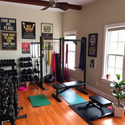 A cozy home gym setup featuring various strength training equipment, including dumbbells, a squat rack, resistance bands, and a bench press