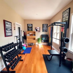A cozy home gym setup featuring various strength training equipment, including dumbbells, a squat rack, resistance bands, and a bench press