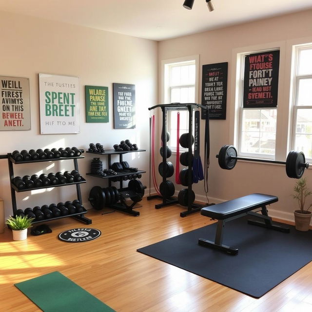 A cozy home gym setup featuring various strength training equipment, including dumbbells, a squat rack, resistance bands, and a bench press