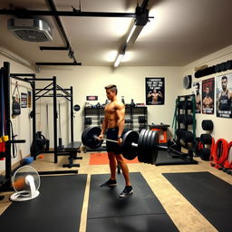 An advanced home strength training environment set in a spacious garage turned gym