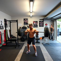 An advanced home strength training environment set in a spacious garage turned gym