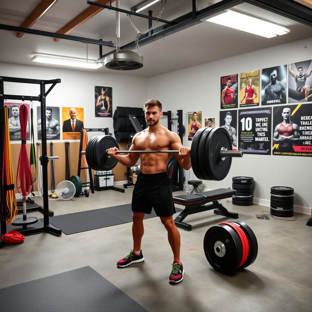 An advanced home strength training environment set in a spacious garage turned gym