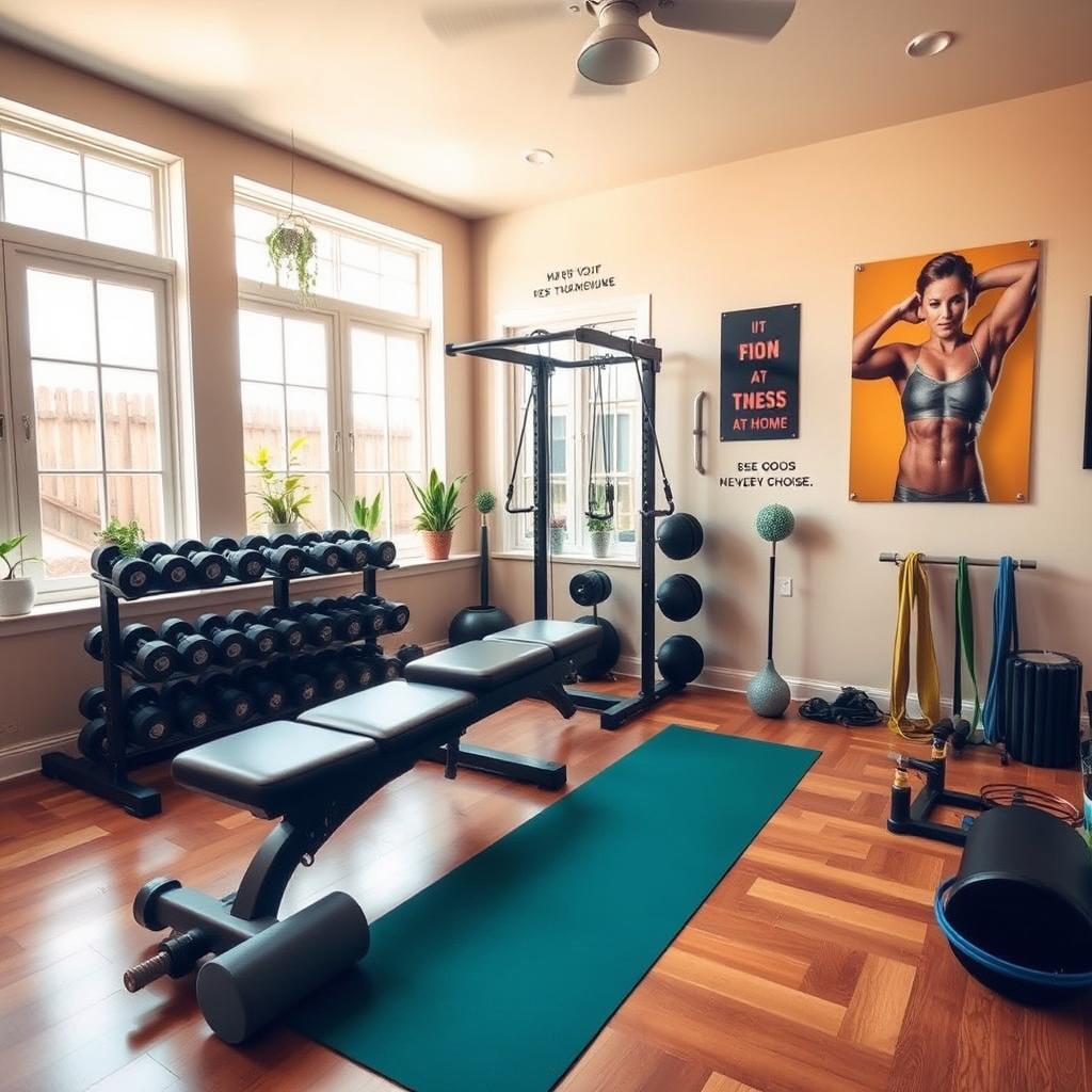 A cozy home gym setup featuring various strength training equipment like dumbbells, a bench press, and resistance bands, all displayed in a well-lit room with large windows allowing natural sunlight to flood in