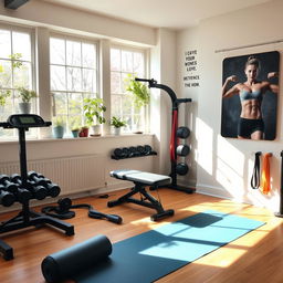 A cozy home gym setup featuring various strength training equipment like dumbbells, a bench press, and resistance bands, all displayed in a well-lit room with large windows allowing natural sunlight to flood in