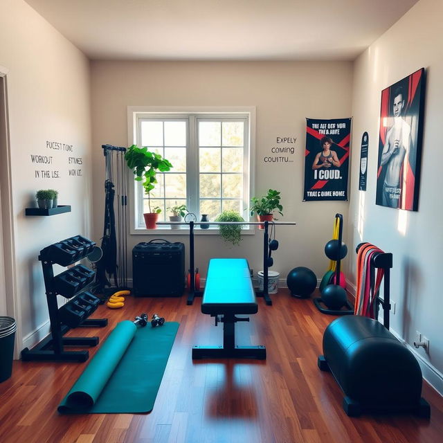 A cozy home gym setup featuring various strength training equipment like dumbbells, a bench press, and resistance bands, all displayed in a well-lit room with large windows allowing natural sunlight to flood in