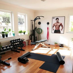 A cozy home gym setup featuring various strength training equipment like dumbbells, a bench press, and resistance bands, all displayed in a well-lit room with large windows allowing natural sunlight to flood in