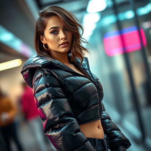 A stylish young woman in a tight, shiny black puffer jacket that highlights her curves, including a confident posture that emphasizes her allure