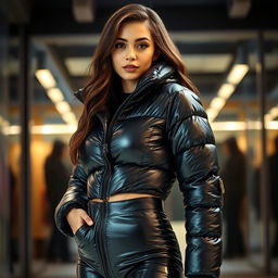 A stylish young woman in a tight, shiny black puffer jacket that highlights her curves, including a confident posture that emphasizes her allure