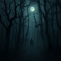 A dark and eerie forest with tall, twisted trees, surrounded by mist and shadows