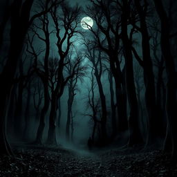 A dark and eerie forest with tall, twisted trees, surrounded by mist and shadows