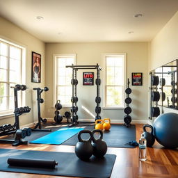 A vibrant home gym scene showcasing an array of strength training equipment such as free weights, a squat rack, and kettlebells, arranged neatly in a spacious room