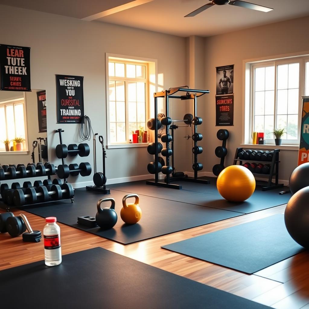 A vibrant home gym scene showcasing an array of strength training equipment such as free weights, a squat rack, and kettlebells, arranged neatly in a spacious room