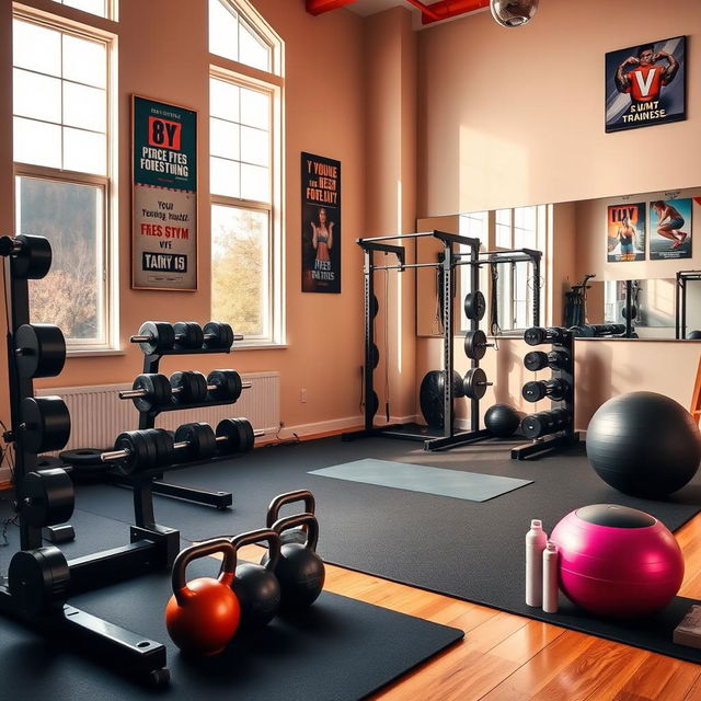 A vibrant home gym scene showcasing an array of strength training equipment such as free weights, a squat rack, and kettlebells, arranged neatly in a spacious room