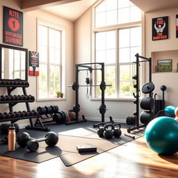 A vibrant home gym scene showcasing an array of strength training equipment such as free weights, a squat rack, and kettlebells, arranged neatly in a spacious room