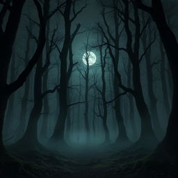 A dark, eerie forest with tall, twisted trees and dense fog, creating a sense of foreboding