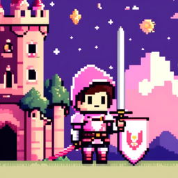 Pixel art profile picture featuring an adorable knight in pastel pink armor, holding a large sword, standing against a castle under a starry twilight sky, with a Wes Anderson-inspired color palette