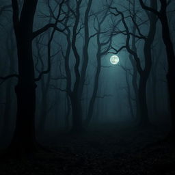 A dark, eerie forest with tall, twisted trees and dense fog, creating a sense of foreboding