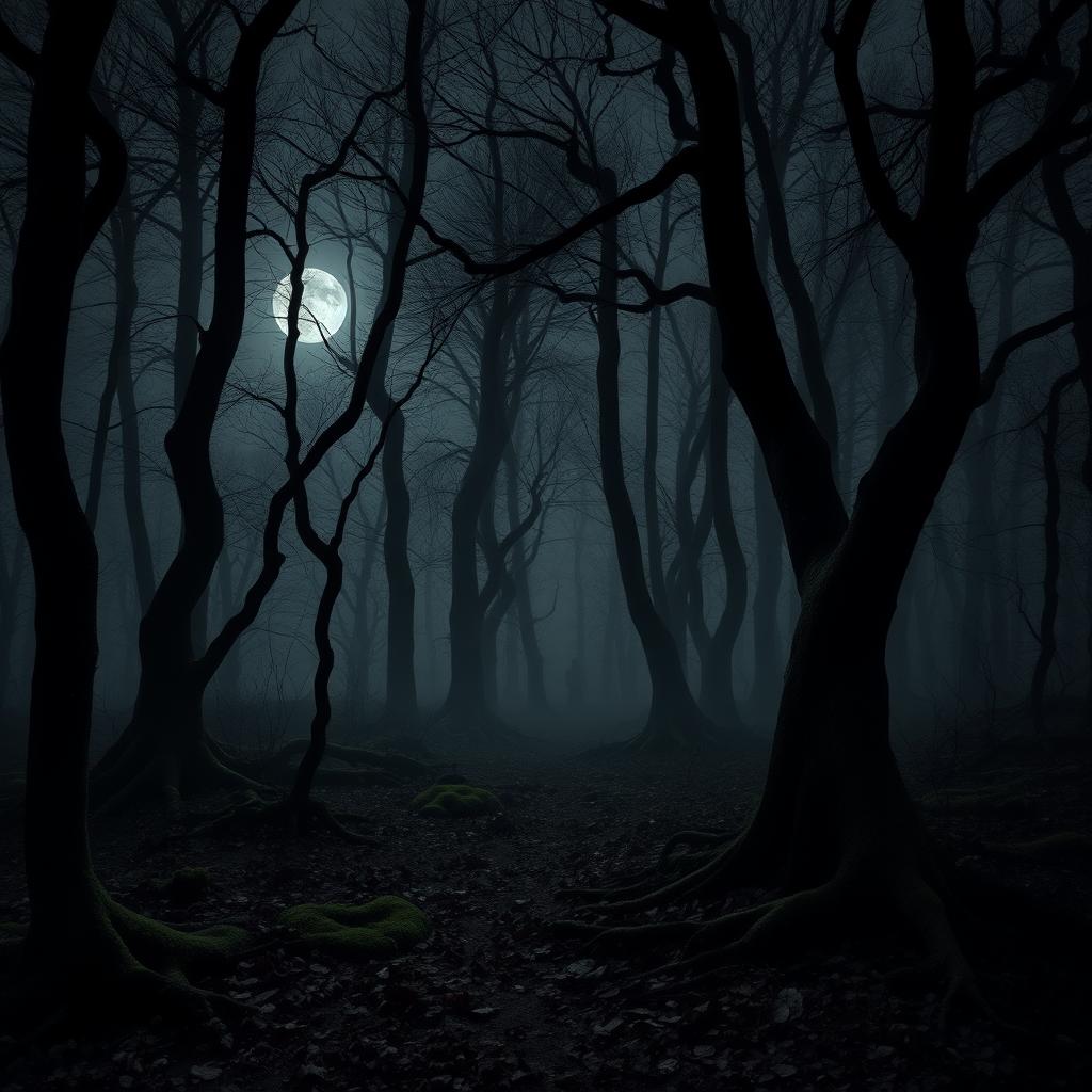 A dark, eerie forest with tall, twisted trees and dense fog, creating a sense of foreboding