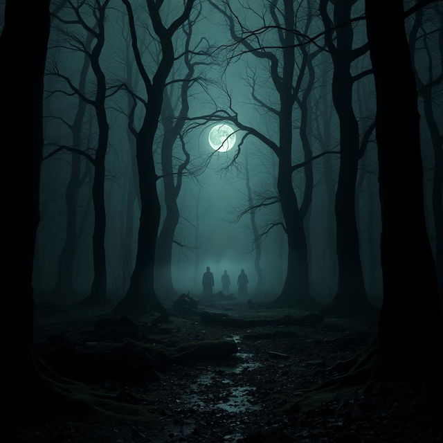 A dark, eerie forest with tall, twisted trees and dense fog, creating a sense of foreboding