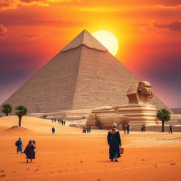 A breathtaking view of the Great Pyramid of Giza, towering majestically against a brilliant sunset