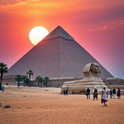 A breathtaking view of the Great Pyramid of Giza, towering majestically against a brilliant sunset