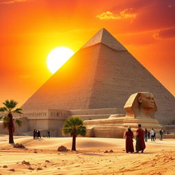 A breathtaking view of the Great Pyramid of Giza, towering majestically against a brilliant sunset