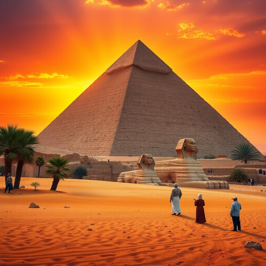 A breathtaking view of the Great Pyramid of Giza, towering majestically against a brilliant sunset