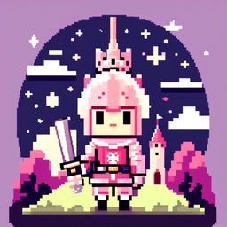 Pixel art profile picture featuring an adorable knight in pastel pink armor, holding a large sword, standing against a castle under a starry twilight sky, with a Wes Anderson-inspired color palette