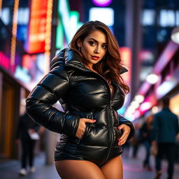 A beautiful woman in a tight, shiny black puffer jacket that accentuates her significant curves and voluptuous figure